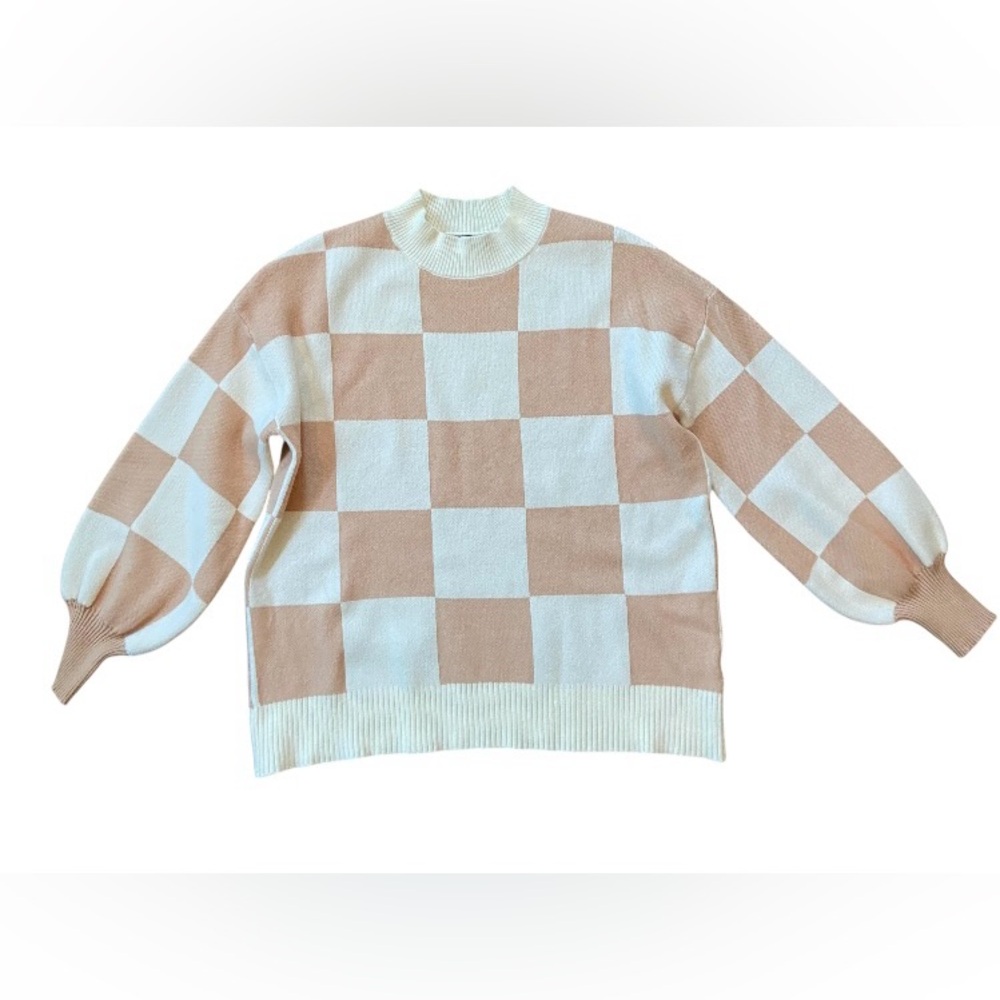 Elegant Cream and Tan Checkered Sweater